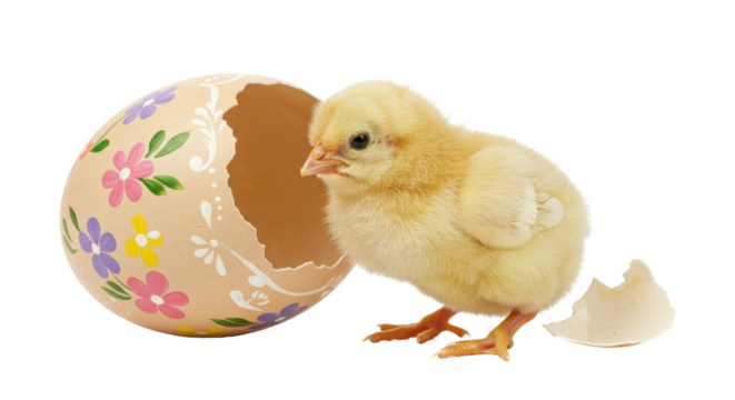 Newly hatched chick with cracked Easter egg isolated PNG with Transparent Background