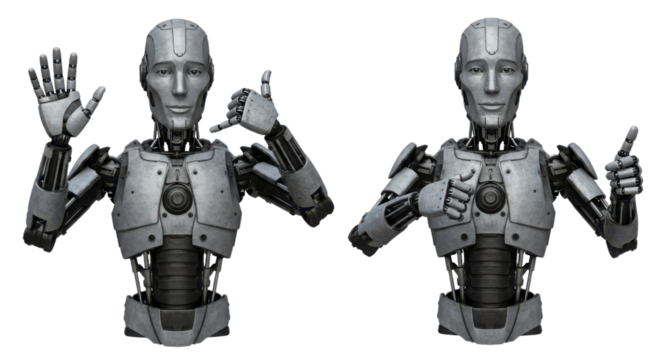 Two Silver Metallic Robot Android 3D Renders Showing Communication Gestures: Waving, Call Me, Thumbs Up, and Pointing