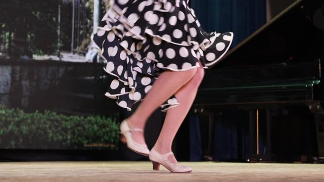 Flamenco footwork. Female flamenco artist dancing on the tablao in Seville, Spain