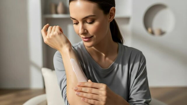 Woman applying natural cosmetic cream on her skin, experiencing hydration, moisturizing, and treatment for problematic skin condition, beauty routine footage.
