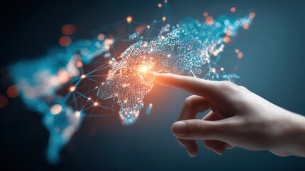 A hand interacts with a glowing, digital world map, symbolizing global connectivity and technology.