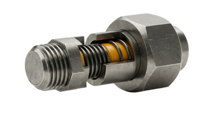 Cutaway stainless steel pressure relief valve with internal spring on white background