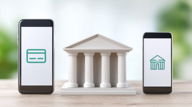 Virtual bank and digital banking. A bank model with light connection lines linking digital devices, symbolizing modern financial technology and seamless connectivity.