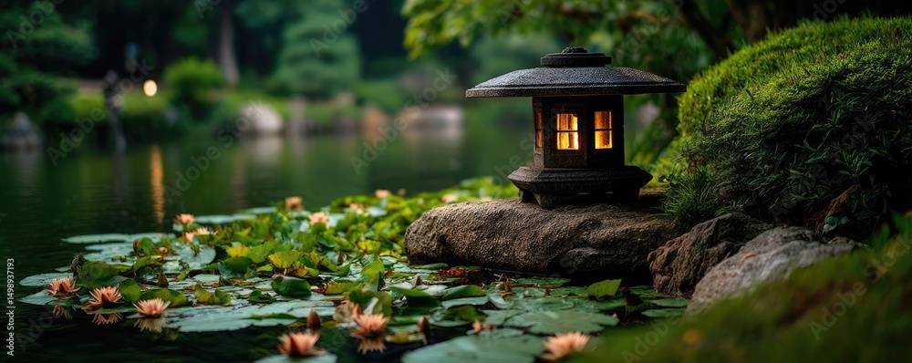 Poster tea pavilion with minimalism and rock by lantern concept. tranquil garden scene featuring a lantern 
