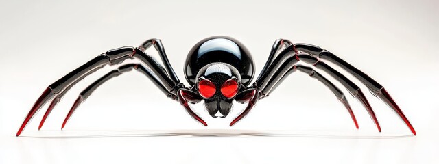 Contrast of the dangerous black widow spider on a clean, white backdrop.