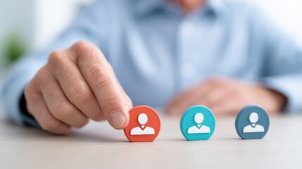 Leadership selecting from three candidate icons on a desk, representing decision-making in recruitment and choosing the right talent.