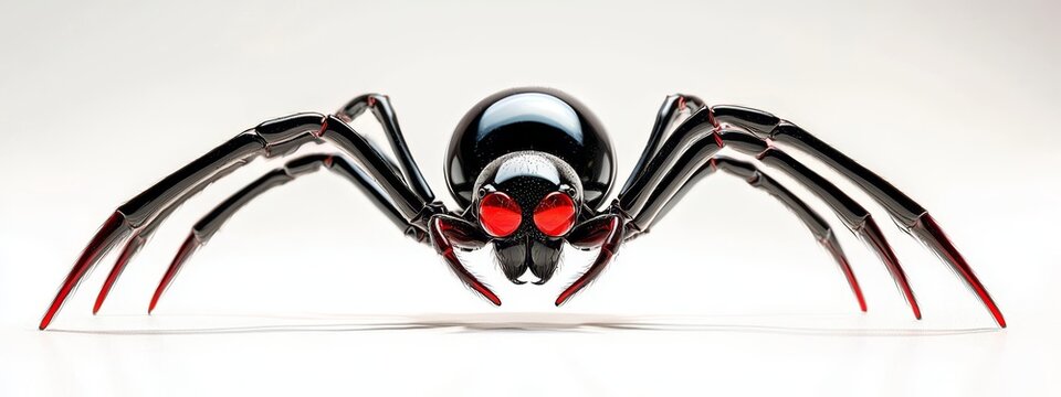 Contrast of the dangerous black widow spider on a clean, white backdrop.