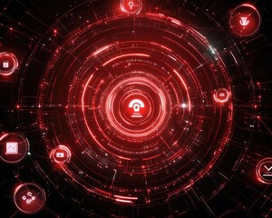 Red digital interface with concentric rings and various icons