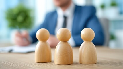 Recruitment of skilled individuals to join a team or company. Wooden human figures on a table in front of a businessman, symbolizing talent acquisition and team building.