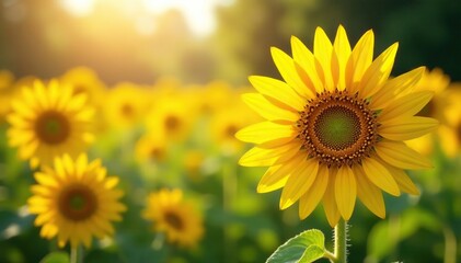 Vibrant sunflowers in a field, basking in sunlight , joyful, plantlife, vibrant