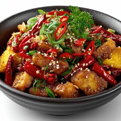 Delicious kung pao chicken with peanuts in a vibrant asian restaurant setting close-up culinary delight