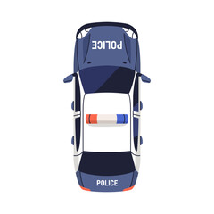 Police car, top down view. Patrol vehicle with siren lights on roof. Emergency municipal service, 911 auto transport from above, overhead. Flat vector illustration isolated on white background © Good Studio