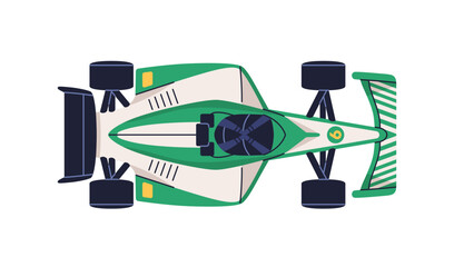 Race car, top view. Formula 1 fast speed vehicle for professional motorsport. Extreme motor sport auto transport from above, overhead. Flat graphic vector illustration isolated on white background