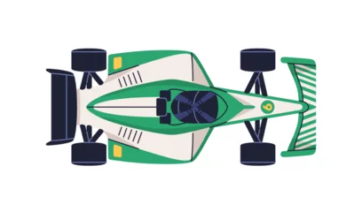 Fotobehang F1 Race car, top view. Formula 1 fast speed vehicle for professional motorsport. Extreme motor sport auto transport from above, overhead. Flat graphic vector illustration isolated on white background  © Good Studio