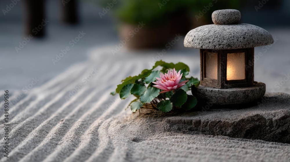 Poster raked sand patterns in tranquility with lantern and lotus concept. a serene stone lantern beside a d