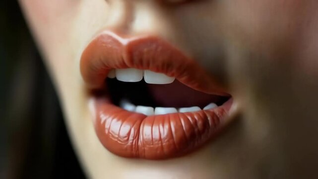 A close-up of the beautiful lips of a girl pronouncing words. 