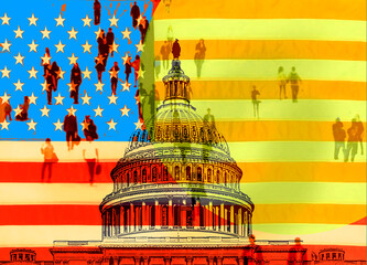 Illustration of the U.S. Capitol with the American flag and silhouettes of people symbolizing politics and government.