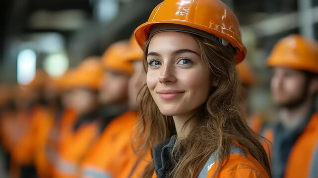 Portrait of a confident young woman as construction worker in orange protective gear