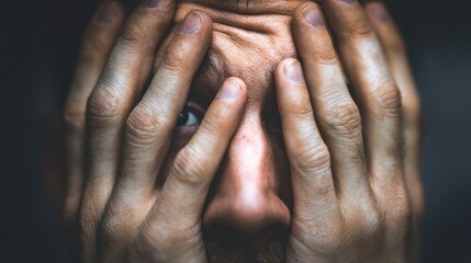 Fototapeta premium A man displays intense emotions as he covers his face with both hands, conveying feelings of anxiety or despair. The lighting creates a somber atmosphere, highlighting his expression
