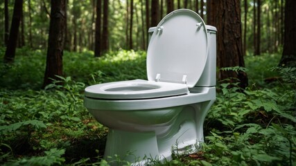 White toilet bowl standing in green forest environment