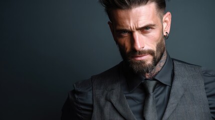 Obraz premium A stylish man with a beard and tattoos stands confidently in a tailored suit. His intense gaze and slicked-back hair highlight his fashion sense and personal style