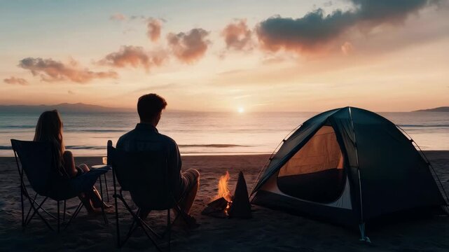 young beautiful woman and handsome man at summer sunset beach, the tent on the background 