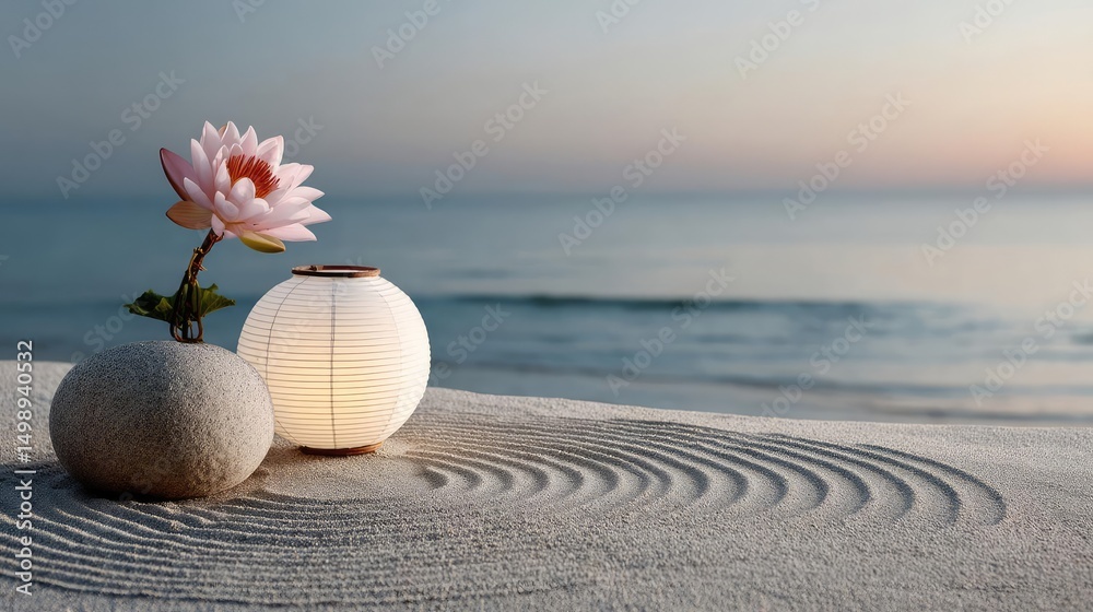 Poster Raked sand patterns in tranquility with lantern and lotus concept. A tranquil beach scene with a lotus flower and glowing lantern.