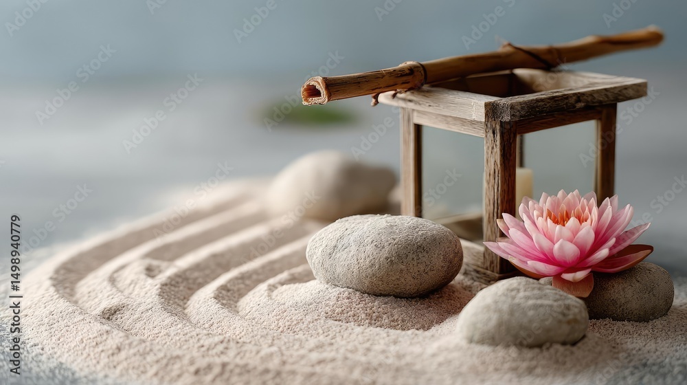 Aufkleber raked sand patterns in tranquility with lantern and lotus concept. a tranquil sand garden with stone