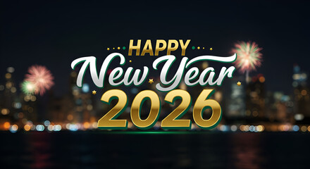 Happy New Year 2026 Image Fireworks Cityscape on white background