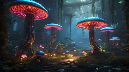 A futuristic rainforest with robotic wildlife and glowing mushrooms, Cinematic theme, HDR, Vibrant 