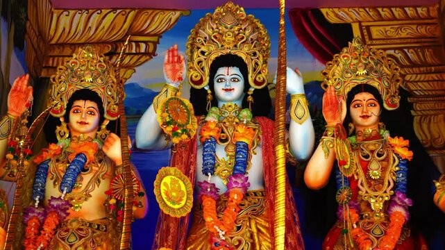 Sacred Ram Laxman Sita Statue Dashrath Temple Ayodhya Visual with Devotional Aesthetics