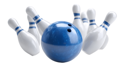 Blue Bowling Ball Striking White Pins on Transparent Background, PNG