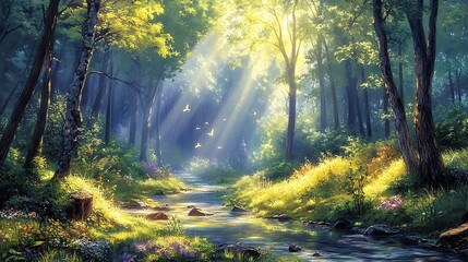 Obraz premium A serene forest scene with sunlight filtering through trees, illuminating a gentle stream.