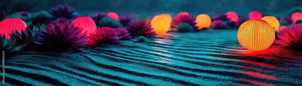 Poster raked sand patterns in tranquility with lantern and lotus concept. colorful lanterns illuminate a se