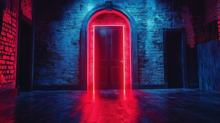 Red neon door in a dark room