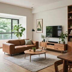 Fototapeta premium Modern Living Room with Wooden Furniture and Greenery