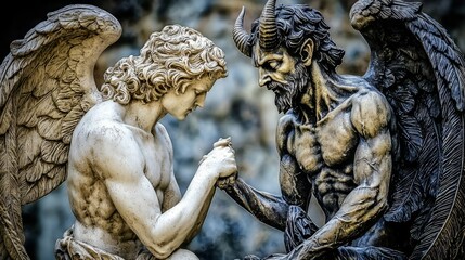 The artistic representation of angels and devils reflects cultural beliefs in good and evil. 