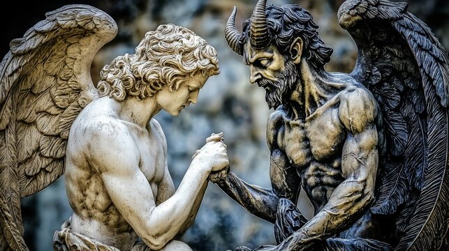 The artistic representation of angels and devils reflects cultural beliefs in good and evil. 