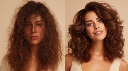 Before and after mockup for hair care and styling products showcasing stunning hair transformation. Ideal for beauty industry advertising and marketing strategies.