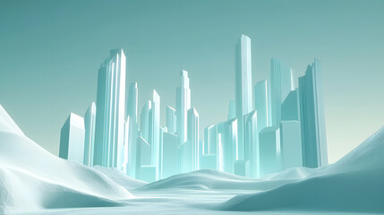 Cityscape in Icy Realm: A futuristic city of gleaming skyscrapers rises from an ethereal, icy landscape, evoking a sense of advanced urbanism and the captivating allure of a frigid.