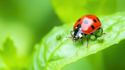 Ladybug eating aphids on leaf, green background, nature close-up
