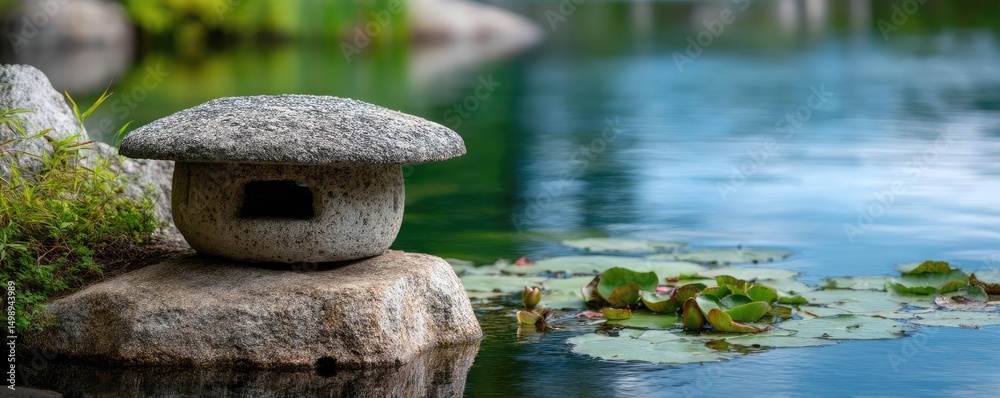 Poster stone lantern in harmony with peaceful lotus pond concept. a tranquil stone lantern by a serene pond