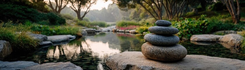 Stone lantern in harmony with peaceful lotus pond concept. Serene stacked stones near a peaceful river in a lush landscape.