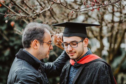 Proud father assisting son in graduation attire. - Powered by Adobe
