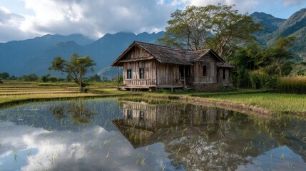Obraz premium Rustic wooden house by pond in rural landscape