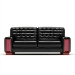 Modern black leather sofa with red wooden accents designed for contemporary living spaces