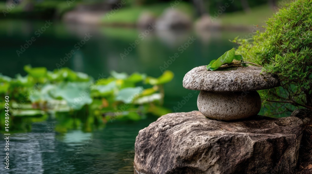 Poster stone lantern in harmony with peaceful lotus pond concept. a serene view of a stone lantern beside a