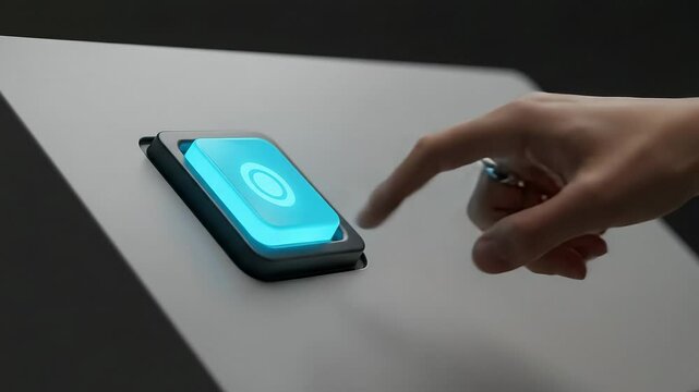 Hand pressing illuminated button on digital interface  