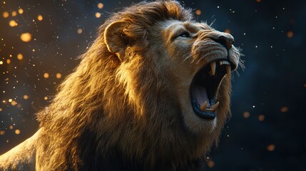 Roaring lion, golden mane, dramatic light