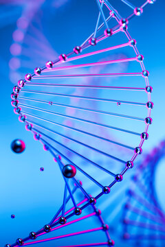 3D rendering of a DNA helix in a laboratory setting with blue and pink colors